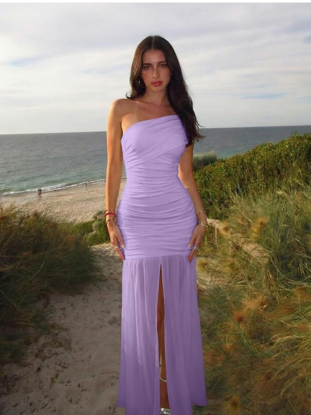 Ag Adriano Goldschmied One-Shoulder Lilac Ruched Evening Gown